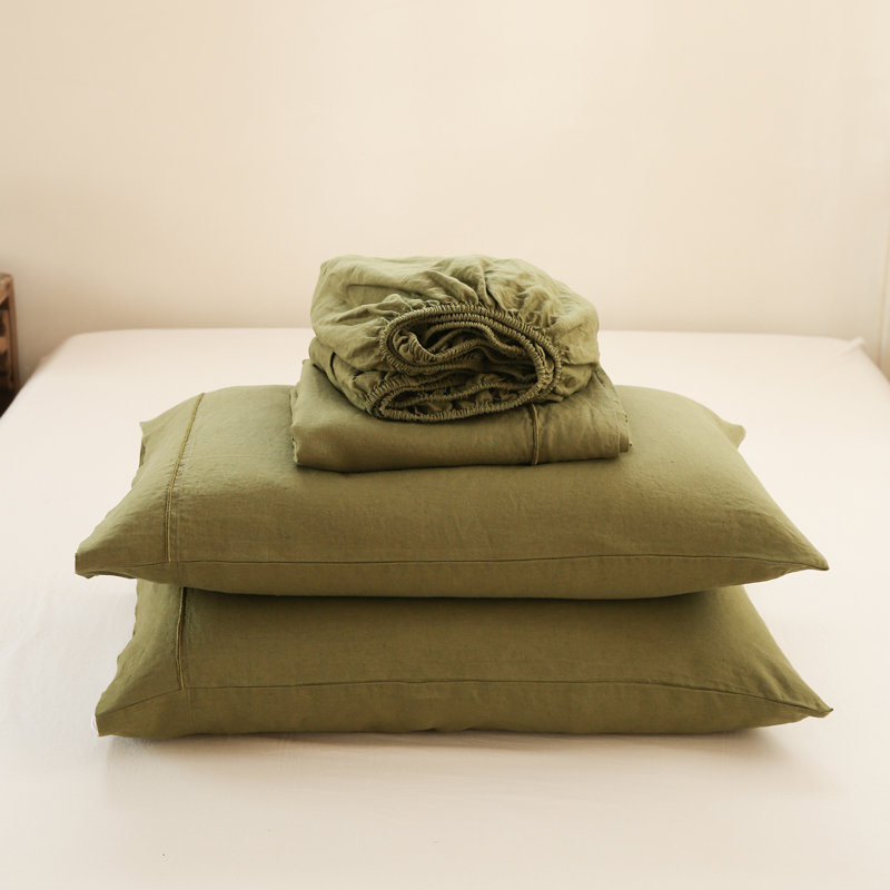 Linen Embroidery Sheet Set, Queen Sheet Set with 2 Pillowcases, Olive Green