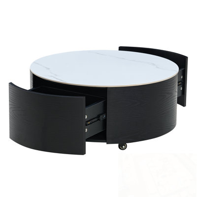 Round Movable Coffee Table with Casters and 2 Drawers
