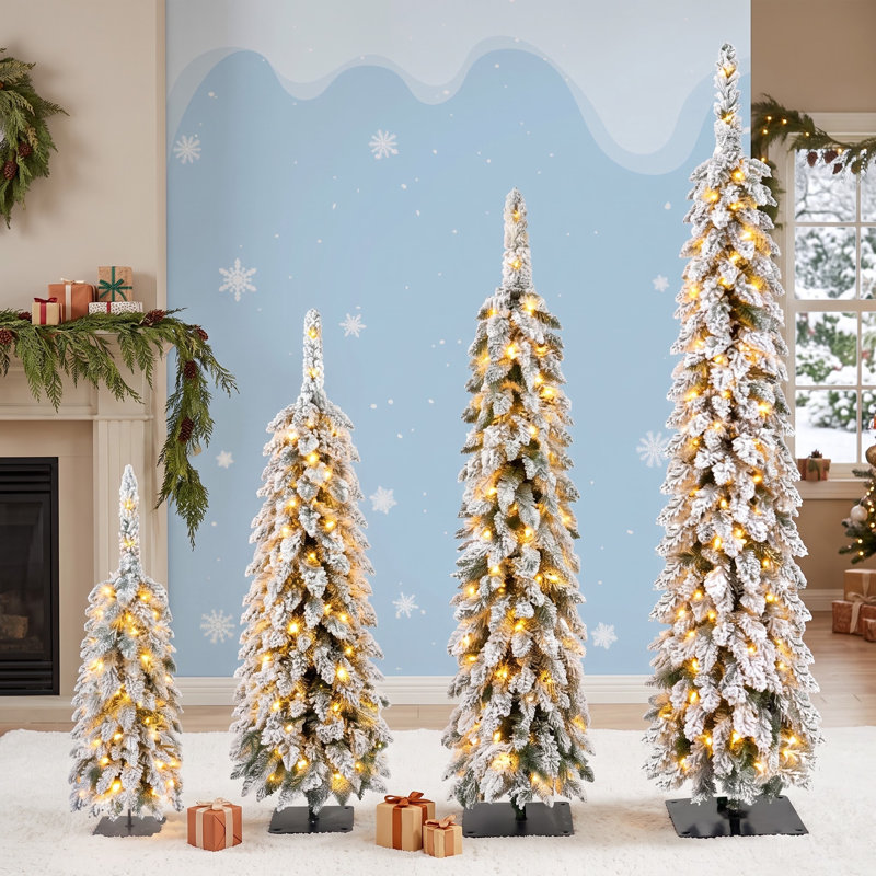 Ensemble de 4 sapins de Noël crayon préfloqués de 90 cm, 120 cm, 150 cm et 180 cm – Sapins étroits enneigés pour petits espaces, coins et entrées