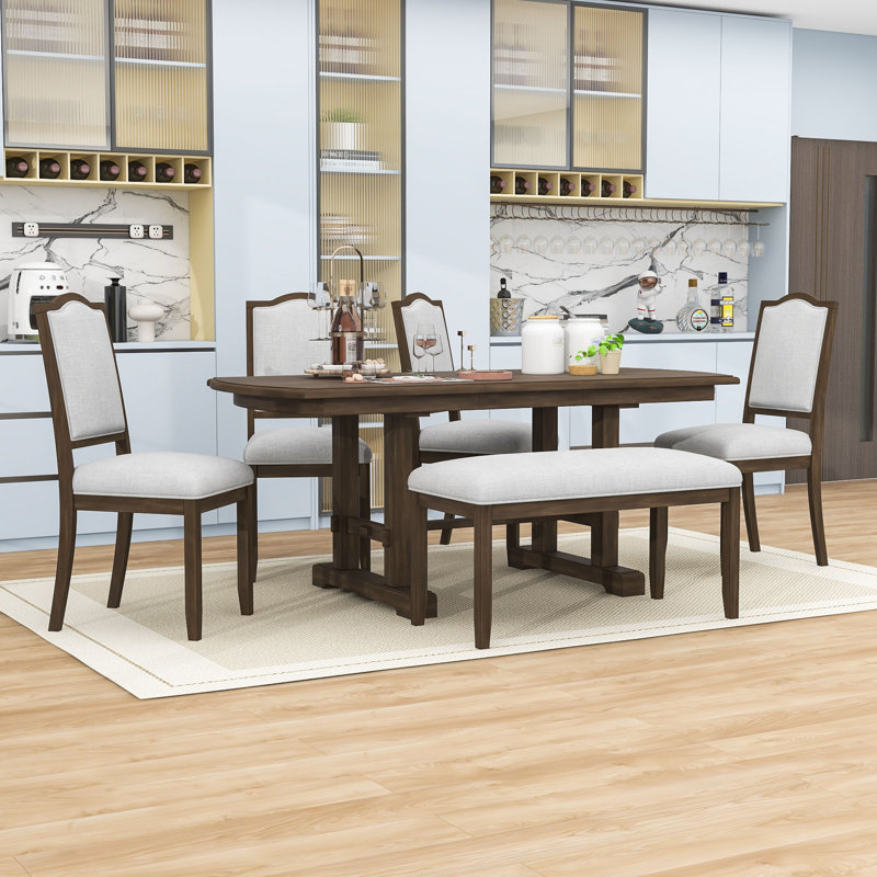6 pièces Table de salle à manger extensible avec banc rembourré et chaise, Brun