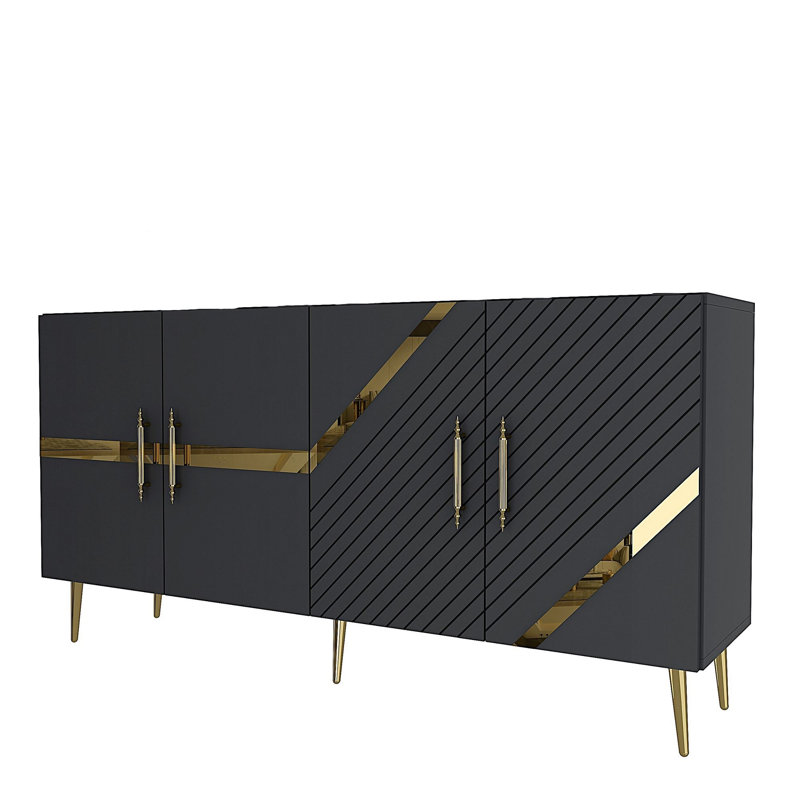 Console Catena moderne avec tablettes, anthracite et or, panneau de particules enduit 100% mélamine, fixation murale | Conception élégante et fonctionnelle pour le rangement du salon et du couloir