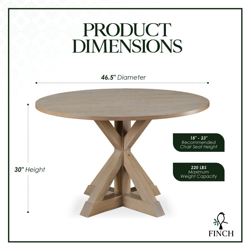 Finch Alfred Round Rustic Solid Wood Dining Table with X-Base, Seats 4, Powder Ash