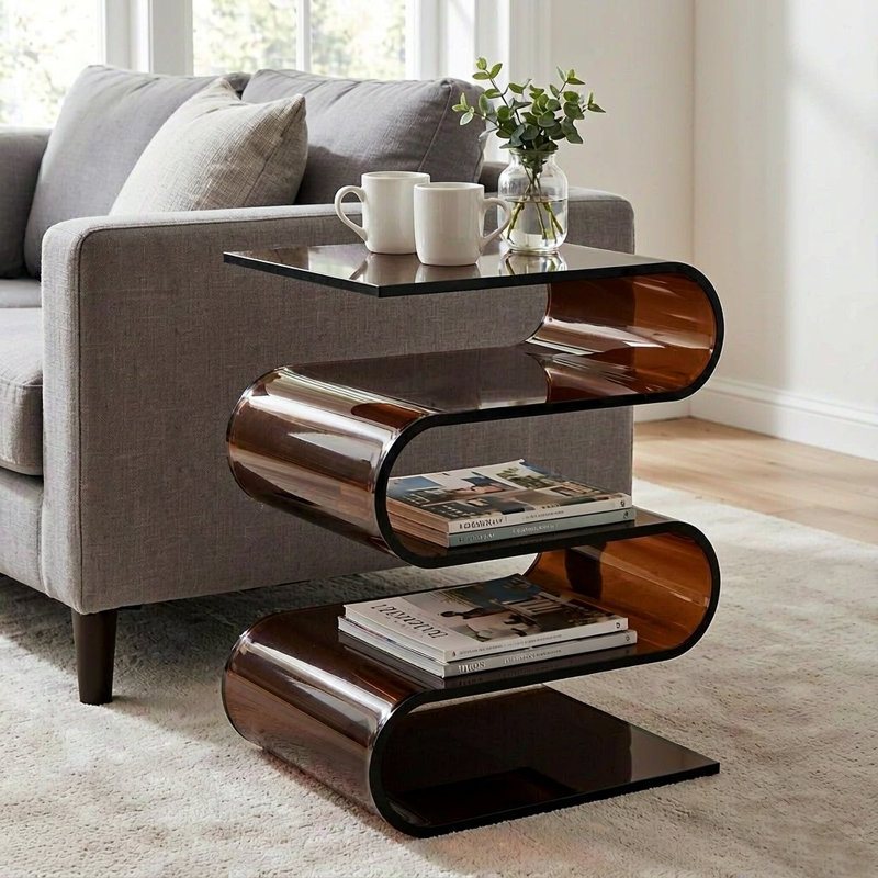 Table de bout en acrylique et bibliothèque en un, table de bout en S de 19,7 po avec tablettes de rangement, table d'appoint moderne pour la chambre du salon, porte-revues brun pour les petits espaces