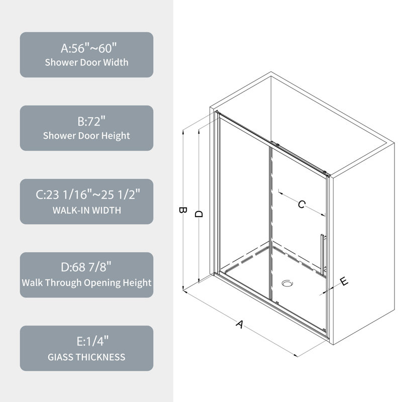 60" x 72" Chrome Tempered Glass Sliding Shower Door