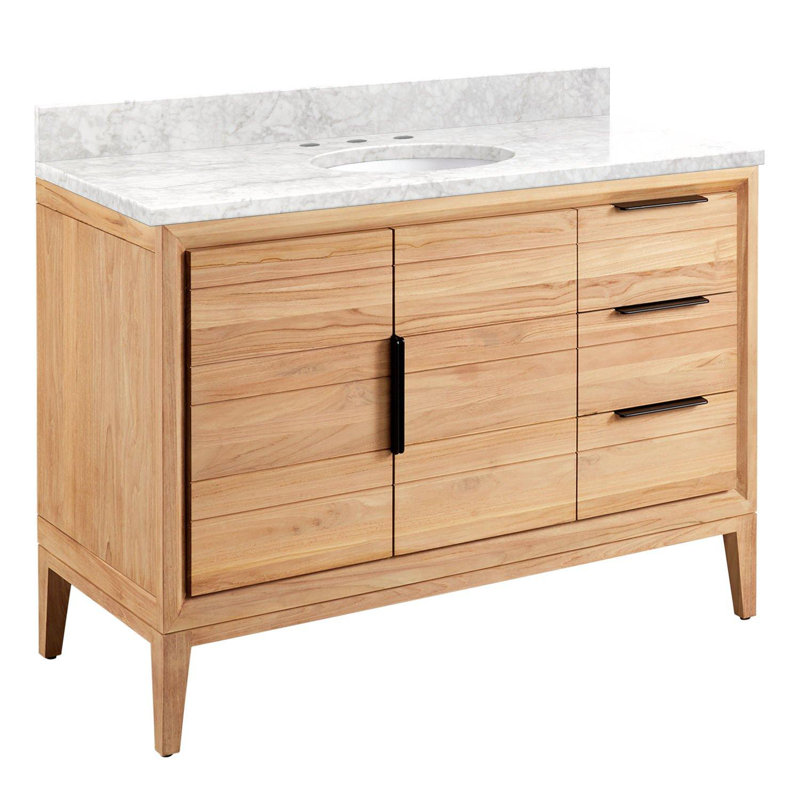 48" Aliso Single Bathroom Vanity Set with Oval Undermount Sink, 8" Widespread, Carrara Marble, Natural Teak