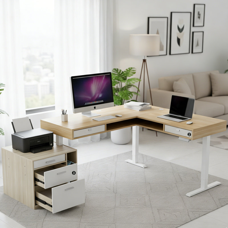 63" X 55" Electric L-Shaped Standing Desk With 2 Under Desk Drawers, Open Storage & Side File Cabinet, Height Adjustable Corner Desk With Power Strip Tray & Cable Management