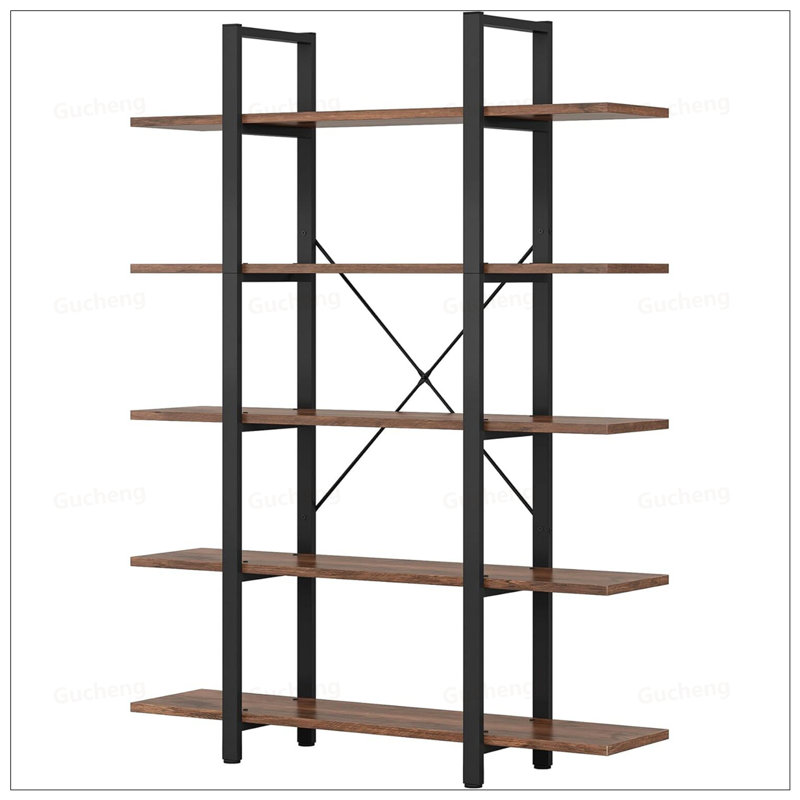 Bibliothèque rustique à 5 niveaux avec très grand espace de rangement et de présentation, structure en acier durable et bois d'ingénierie de classe E1.