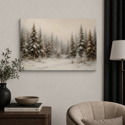 Misty Snowy Evergreen Forest Artwork, Entryway Pictures, Framed Canvas Giclee Print Wall Art