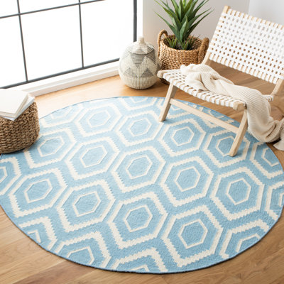 Dhurries Hand Woven Flat Weave Wool/Cotton Geometric Rug in Ivory/Blue