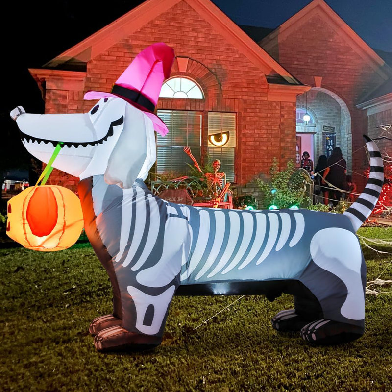 Fassett Halloween Inflatable 5.7 FT Skeleton Puppy Dog Inflatable with Build-in LEDs