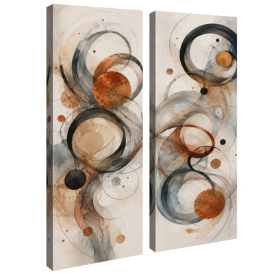 Ensemble de 2 impressions encadrées sur toile, motif abstrait de cercles superposés noirs, gris et orange rouille, 81 x 30 x 5 cm (32 x 12 x 2 pouces).