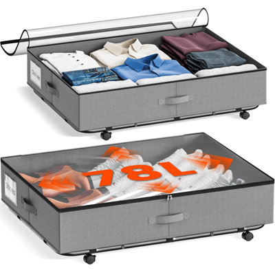 XXXL 78L sous le lit avec roulettes, contenants de rangement roulants avec couvercle transparent et étiquette, cadre en métal robuste, facile à retirer, bacs de rangement sous le lit pour les vêtements, les chaussures, les couvertures et les jouets (paquet de 2)
