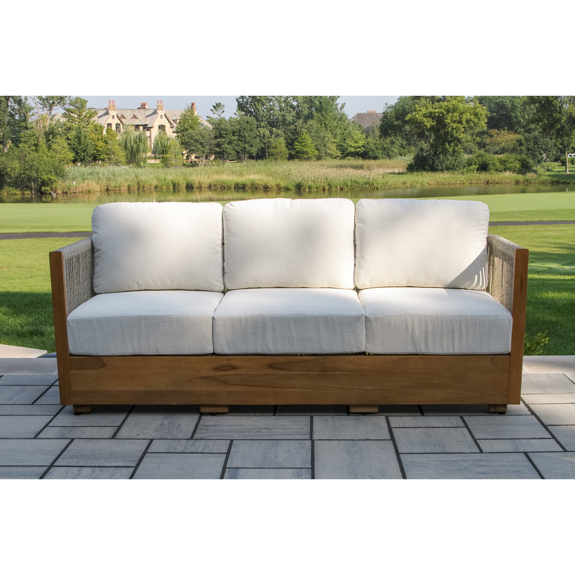 Aniston 81.5'' Wide Outdoor Teak Patio Sofa with Sunbrella Cushions, Ivory