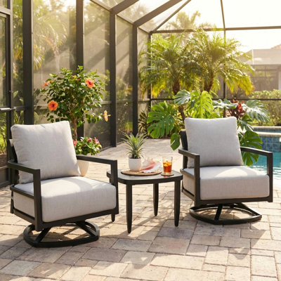 Mobilier de patio extérieur en aluminium de 3 pièces, ensemble de conversation moderne avec chaise pivotante entièrement soudée, coussins Sunbrella, table d'appoint Elegance Arc 23,6 po avec plateau en pierre frittée d'inspiration marbre noir, noir Ember