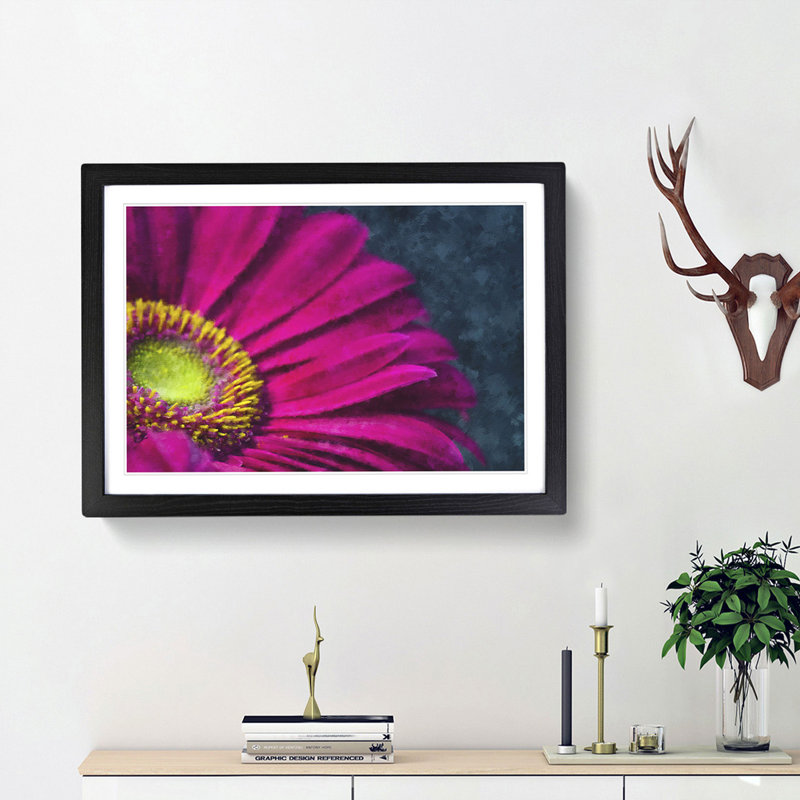 Bright Pink Gerbera Flower Painting - Single Picture Frame Print on MDF, Black, 33cm H x 45cm W x 2cm D