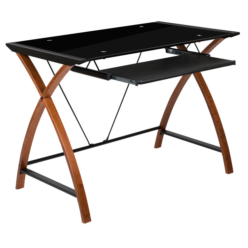 Glass Computer Desk with Pull-Out Keyboard Tray and Crisscross Frame, Black/Brown