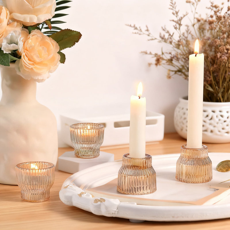 Paquet de 12 porte-bougies en verre, chandelles à double face et chandelles de thé léger pour centres de table de mariage et décorations de table, porte-votives en verre texturé épais