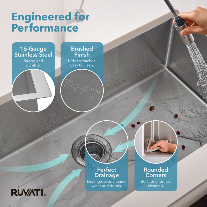 Ruvati 35-inch Undermount 16 Gauge Rounded Corners Large Kitchen Sink Stainless Steel Single Bowl