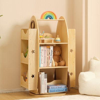 Wood Rocket Rotating Bookshelf For Kids, 360 Display Spinning Bookshelf Tower With Large Capacity Design, Montessori Toy Shelf For Kids Rooms, Classro by Gracie Oaks