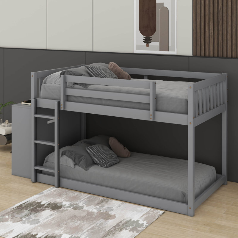 Lit superposé simple au-dessus de simple avec 3 tablettes et 4 tiroirs, Gris