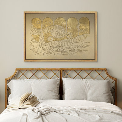 Minimalist Golden Starry Night Village Landscape Line Art Framed Canvas Master Bedroom Wall Art Work Print