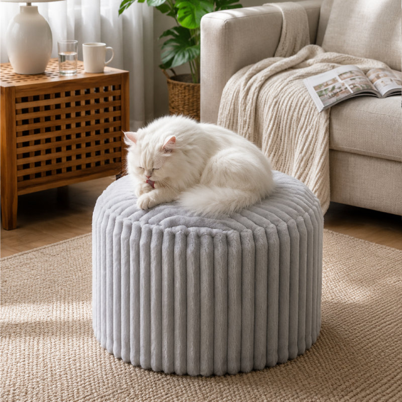 20'' Fluffy Faux Fur Ottoman, Round Pouf Footrest, Mooncake Foot Stool, Paran Accent Pouf For Modern Interior Design, Fluffy Furry Vanity Chair, Soft Seat Reading Chair