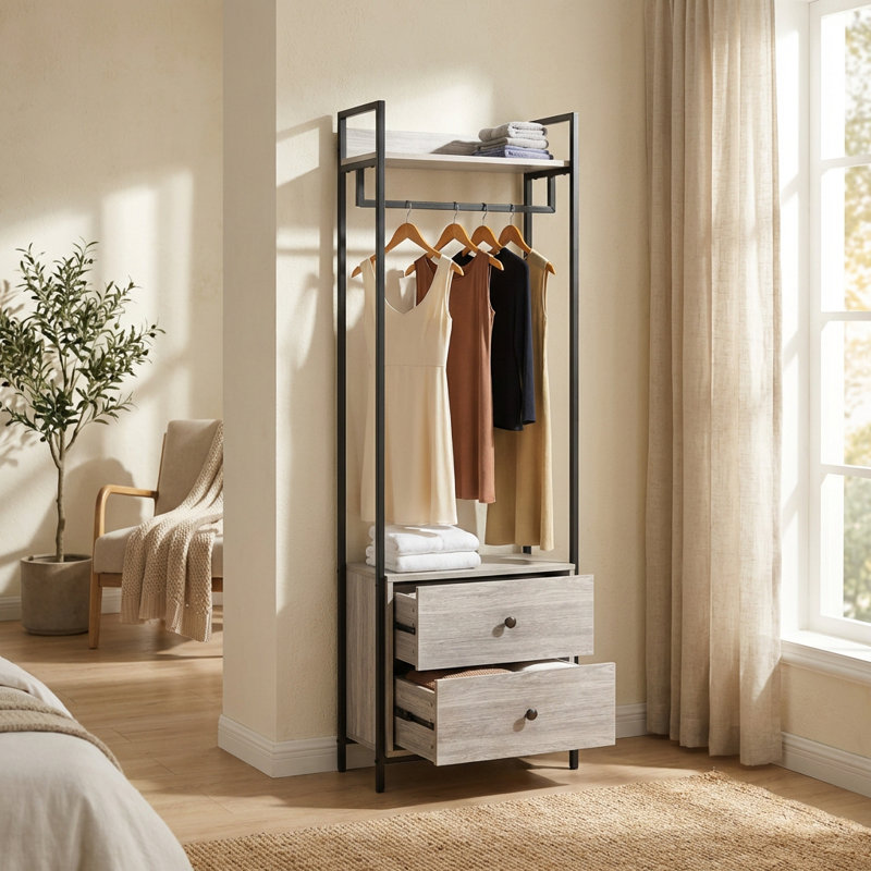 Alva Open Wardrobe with 2 Drawers, Grey Oak