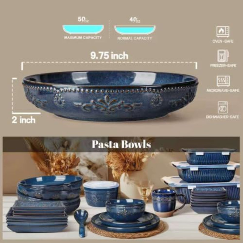 Bols à pâtes, grands saladiers de 1,5 L, ensemble de 4 assiettes et bols de 25 cm, grand bol à soupe en céramique pour la cuisine, bol plat peu profond à décor en relief, compatible micro-ondes et lave-vaisselle, motif floral damassé, bleu