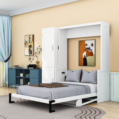 Grand lit escamotable en bois avec station de charge USB, garde-robe et bureau