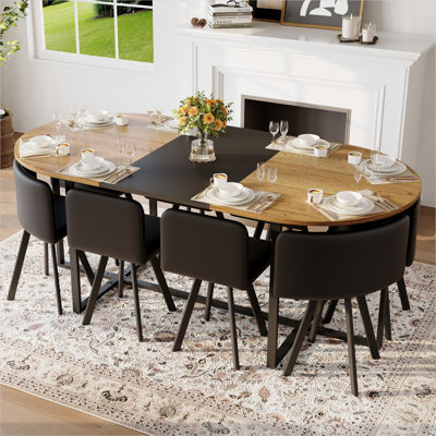 Ensemble de salle à manger moderne ovale pour 8 avec table fixe à deux tons et chaises en cuir de polyuréthane noir foncé, idéal pour les cuisines spacieuses et les réunions de famille