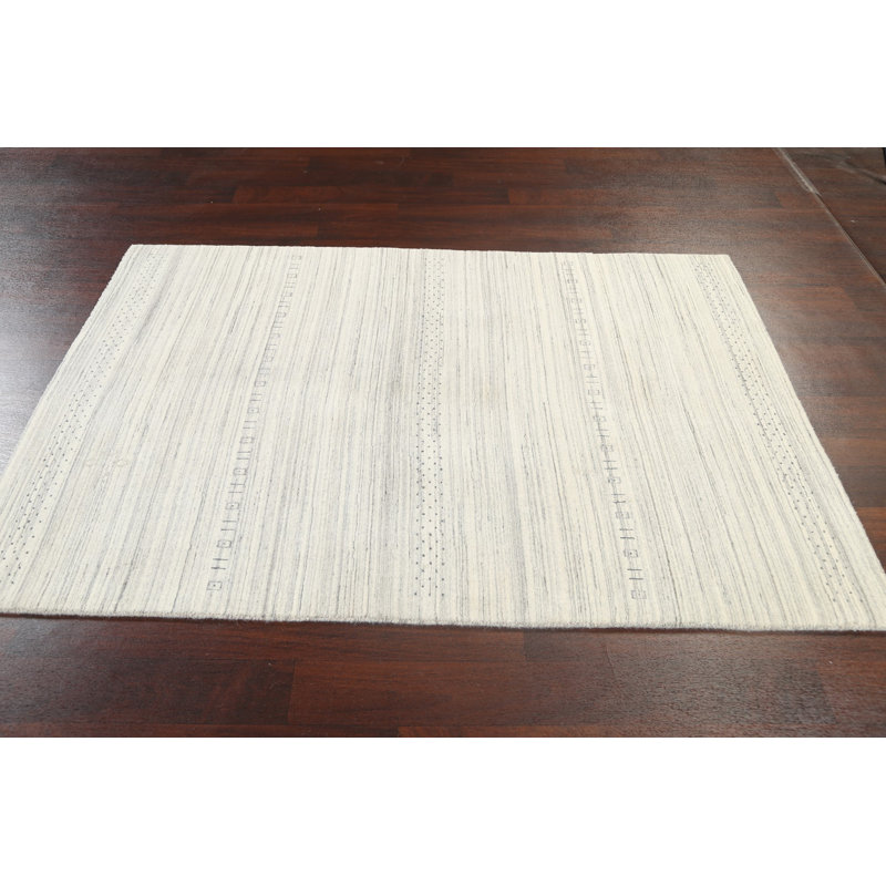 Tapis ivoire en laine noué à la main de conception unique 4 pi 5 po x 6 pi 5 po New Age