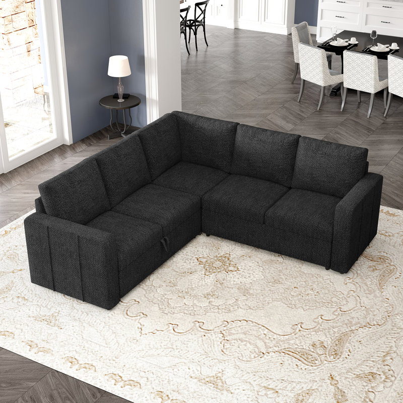 Aubade Storage L-Shaped Modular Sofa Set With Pull-Out Sofa Bed, Dark Gray Chenille