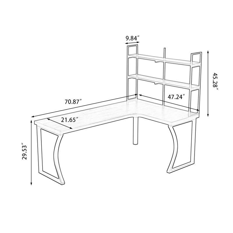 Bureau en fer massif en forme de L brun noyer + noir, H 74,8 po x l 78,74 po x P 47,24 po