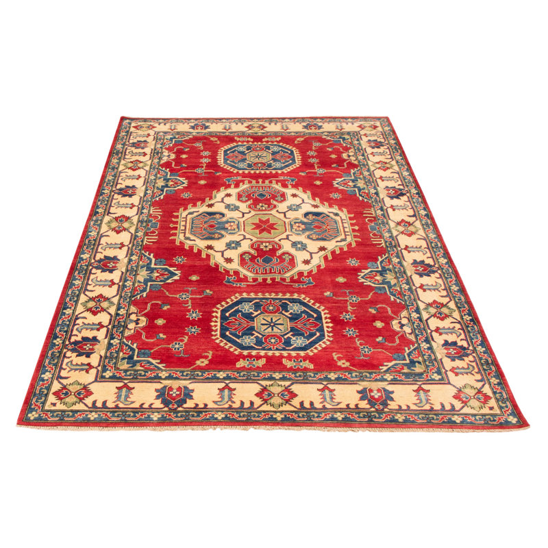 Tapis rouge / beige / bleu foncé noué à la main de conception unique 6 pi 4 po x 9 pi 8 po Alaeddine