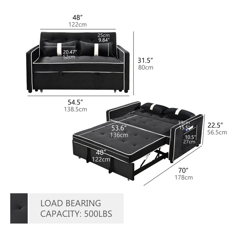 Black Convertible Sofa Bed, Dual-Purpose Futon with Pull-Out Sleeper for Small Spaces & Overnight Guests（Black）