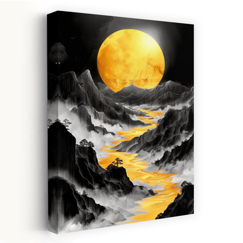 «Golden Moon River», art dramatique mystique et paisible paysage de montagne, H 18 po x l 12 po