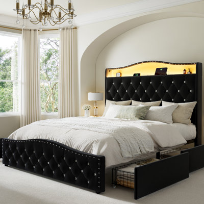 Upholstered Full Bed Frame with 4 Storage Drawers and 52.5" Tall Headboard, Platform Bed with Charging Station & LED Light, No Spring Box Needed