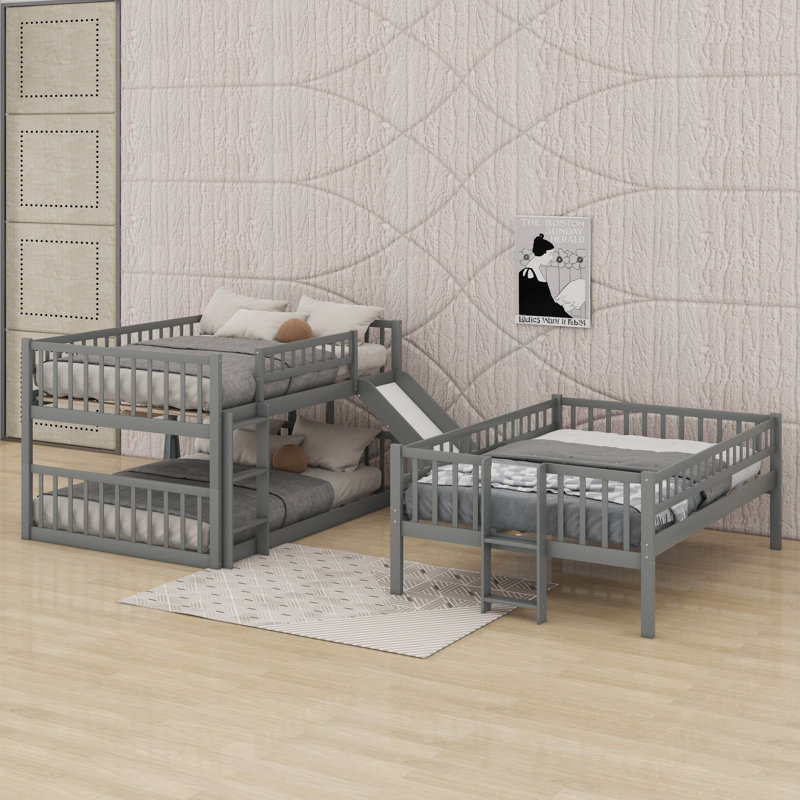 Full-Over-Full-Over-Full Triple Bed With Built-In Ladder And Slide, Gray