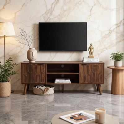 Meuble télé de style Mid-Century de 47 pouces avec grand espace de rangement, meuble télé moderne avec étagères ouvertes, centre multimédia pour salon, noyer