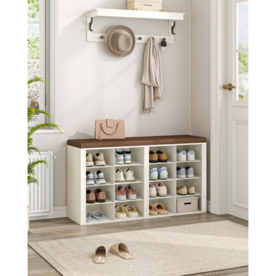 Shoe Storage Bench with Padded Seat, Shoe Rack Bench with 16 Open Compartments, Adjustable Shelves, Shoes Cabinet with Cushion for Hallway, Living Room, Bedroom, Entryway 