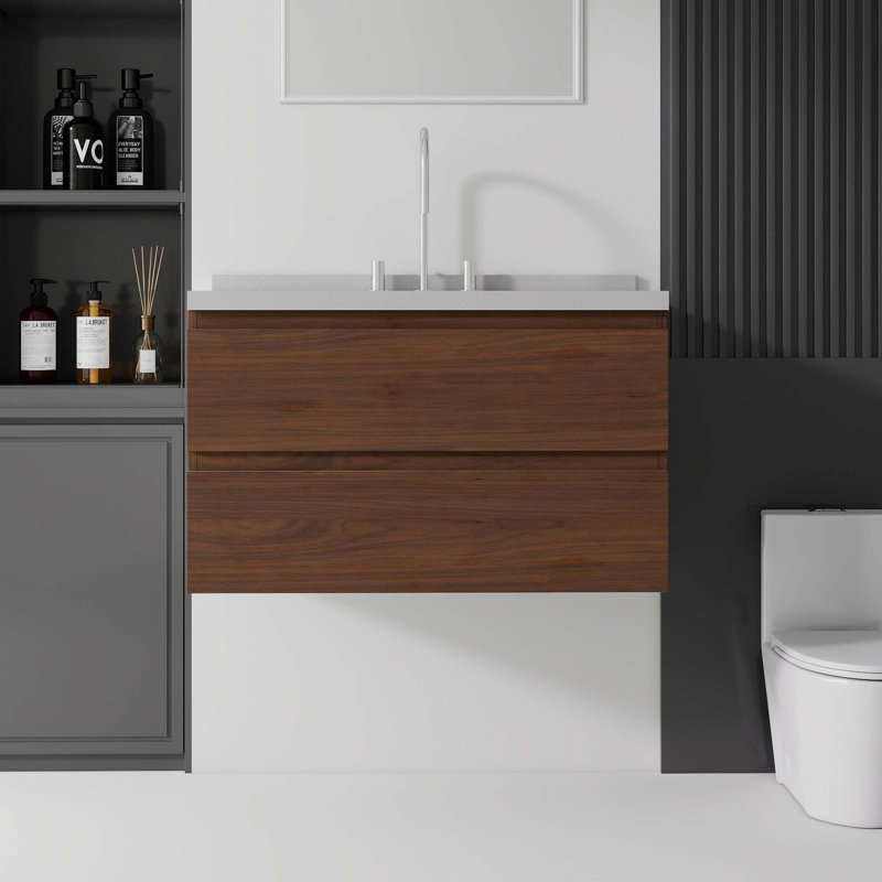 Meuble-lavabo flottant avec comptoir en marbre de culture et tiroir à fermeture en douceur, Brun