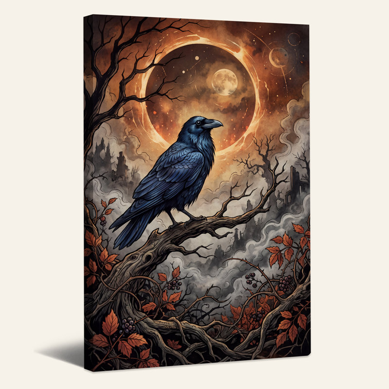 Art sur toile, corbeau sur branche avec éclipse solaire et automne Halloween, H 48 po x l 32 po