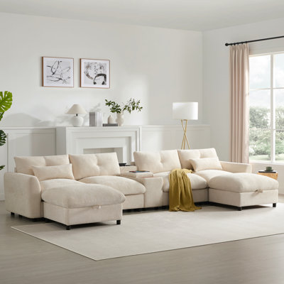 Canapé modulaire 136 po avec console, porte-gobelet, chargeur USB, canapé surdimensionné en chenille en forme de U 136 po
