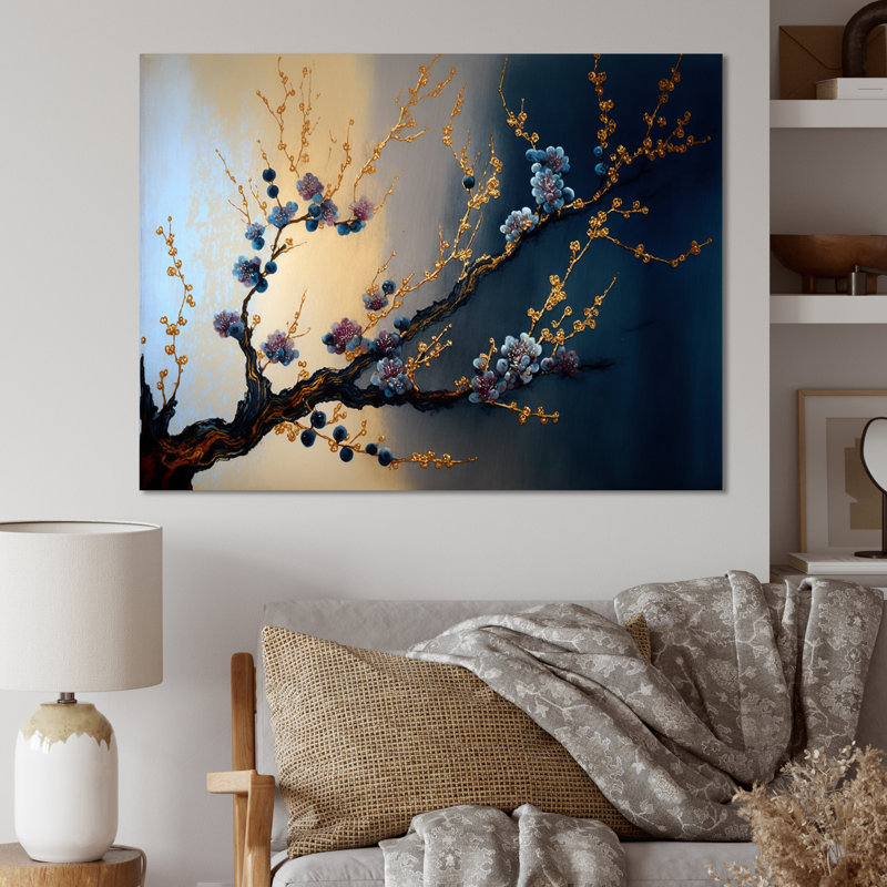 Blue Cherry Blossom Branch I - Metal Wall Décor, 16" H x 32" W