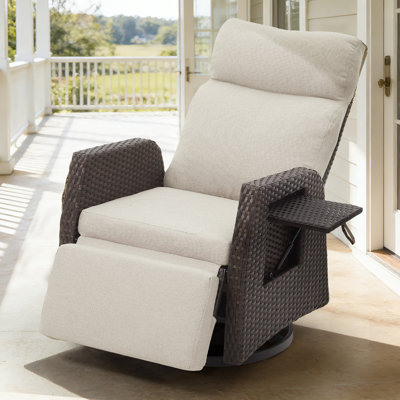 Fauteuil inclinable pivotant réglable pour l'extérieur, fauteuil inclinable de patio à 155 ° avec dossier et repose-pieds indépendants, table d'appoint relevable à gaz, coussins épais en mousse 25D (housses lavables) pour balcon / jardin / patio
