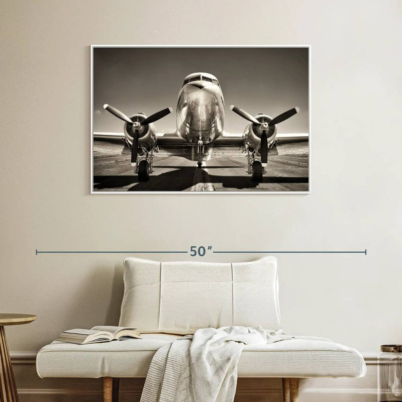 Avion rétro noir et blanc, Cadre flottant blanc, 40 po x 27 po
