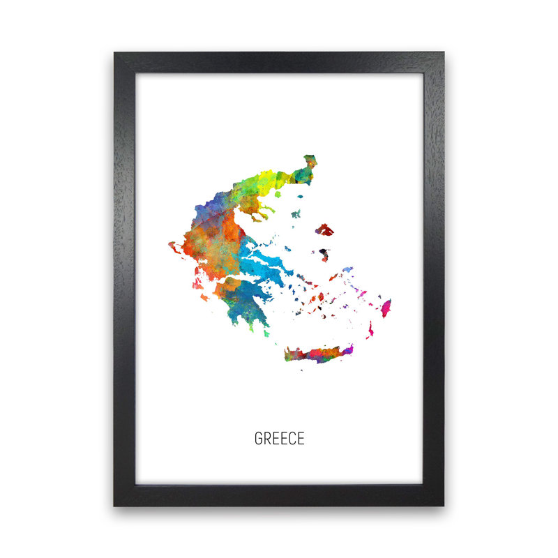 Greece Watercolour Map by Michael Tompsett - Print, 88cm H x 64cm W x 3cm D, Black Framed