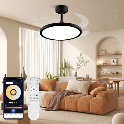 Slim Retractable Ceiling Fan With Lights And Remote/App Control, 6 Speed Dimmable Reversible Memory, 42 Inch Modern Silent Smart Fan For Bedroom Living Room Dinning Room