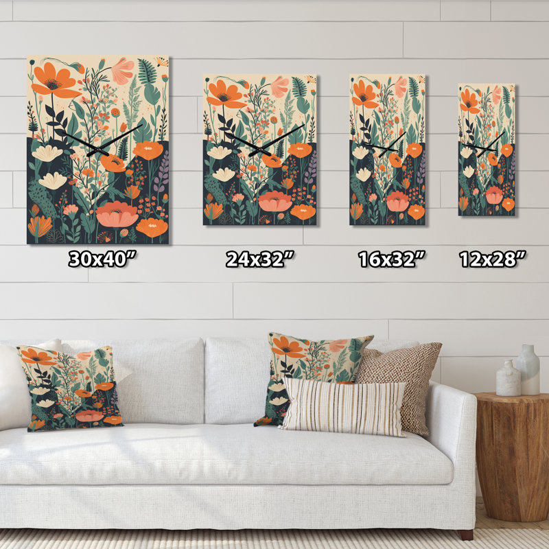 Horloge murale rétro Vintage Wildflowers In Pastel III - Abstract Botanicals, H 28 po x l 12 po x P 1 po