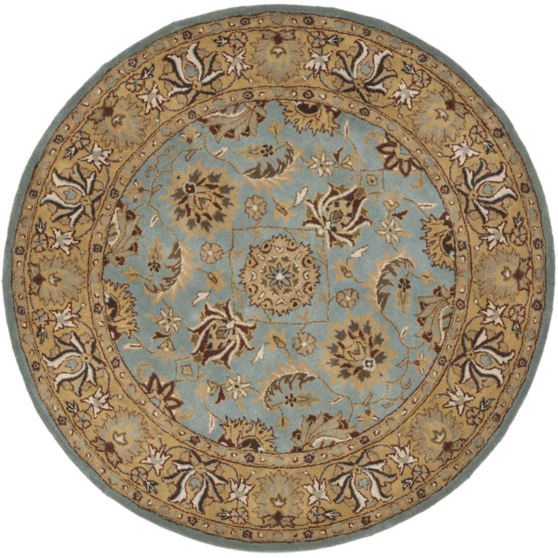 Tapis bleu / doré en laine touffeté à la main Cardwell, Rond 3 pi 6 po